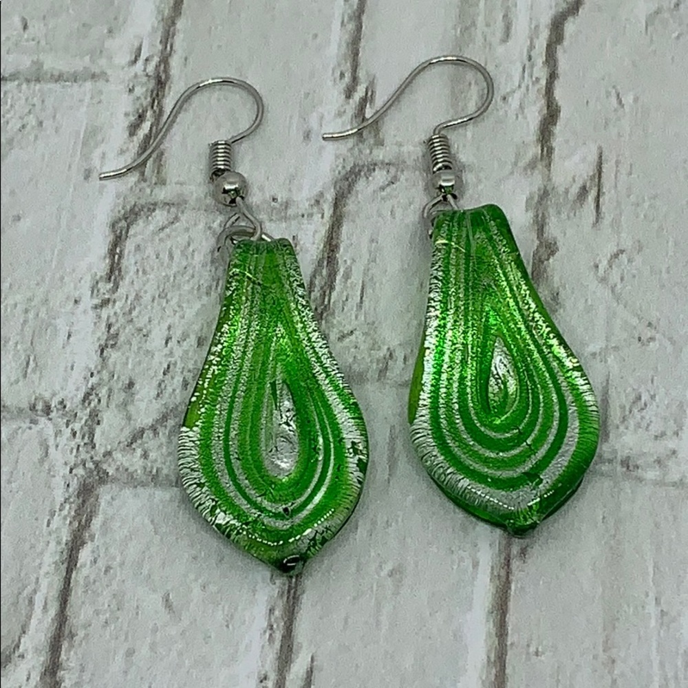 Green and Silver Murano Glass Earrings